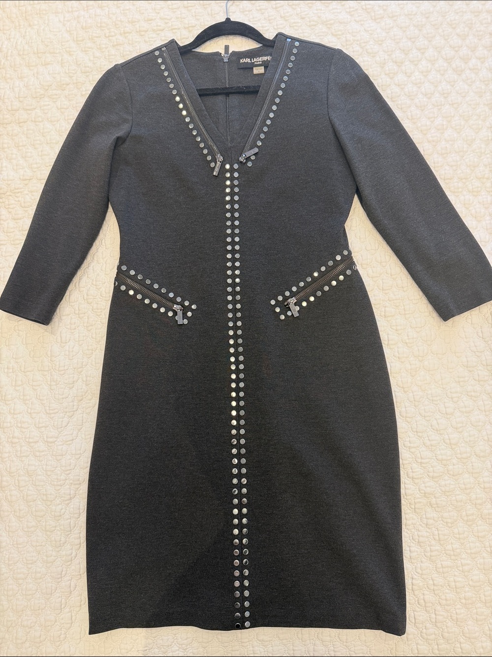 Karl Lagerfeld Charcoal Black Stud-Trim Midi Dress